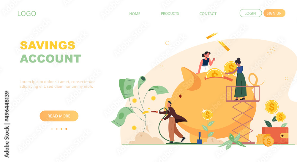 Saving and making money landing page. Tiny people growing tree with coins and money, making profit. Piggy bank, wallet, credit card. Concept vector illustration for successful business, finance. Saving and making money landing page. Tiny people growing tree with coins and money, making profit. Piggy bank, wallet, credit card. Concept vector illustration for successful business, finance.