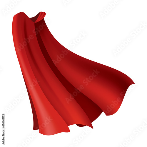 Superhero red cape. Scarlet fabric silk cloak in front view. Carnival masquerade dress, realistic costume design. Flying Mantle costume