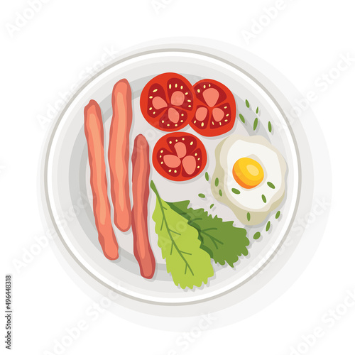 Breakfast or lunch top view. Delicious, healthy food on porcelain dish. Classic hearty breakfast. Nicely served food on white plate