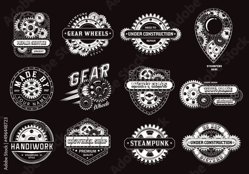 Set of monochrome vintage labels with gear wheels, metal rails, rivets, text. White emblems in steampunk style on black background. Good for craft design.