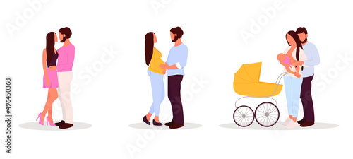 Relationship stages. Man and woman in anticipation of a child and on a walk with a stroller. Set of vector illustration