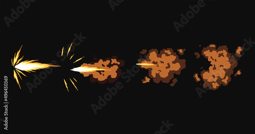 Gun flashes or gunshot animation. Collection of fire explosion effect during shot with gun. Cartoon flash effect of bullet starts. Shotgun fire, muzzle flash and explode