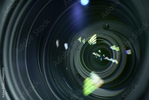 Closeup of professional 4K television zoom lens in news studio 
