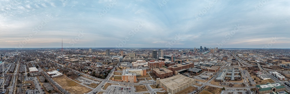 Drone panorama of Kansas City skyline during sunrise Drone panorama of Kansas City skyline during sunrise