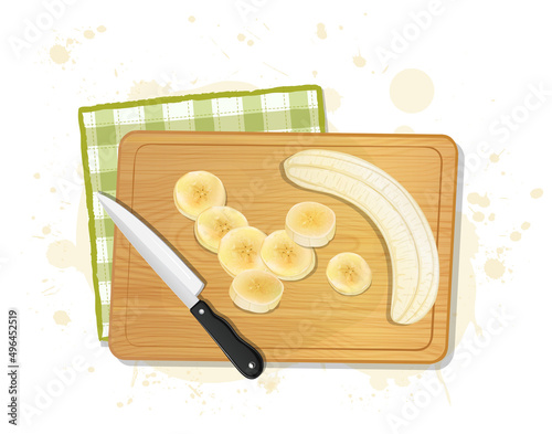 Peeled Banana fruit vector illustration with Banana pieces on a wooden chopping board