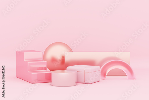 platform display pink pastel kid cute sweet kawaii. soft geometric minimalist pink gold and rose gold gift box concept. studio for skin care cosmetic beauty candy sweets and fashion 3D Illustration. © chawalit