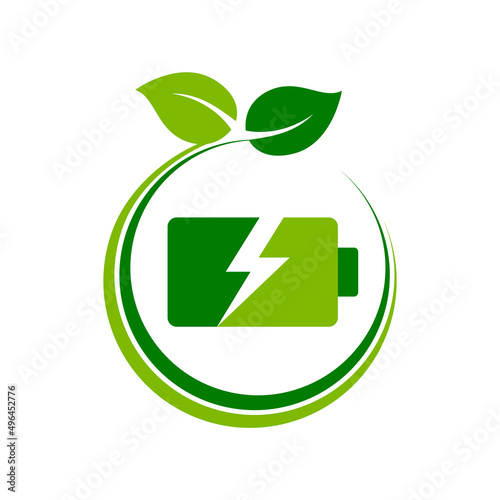 Renewable energy concept. Green battery with lightning bolt inside circle with leaves. Eco friendly power generation icon. Natural energy sources symbol or sign. Vector illustration, flat, clip art. 