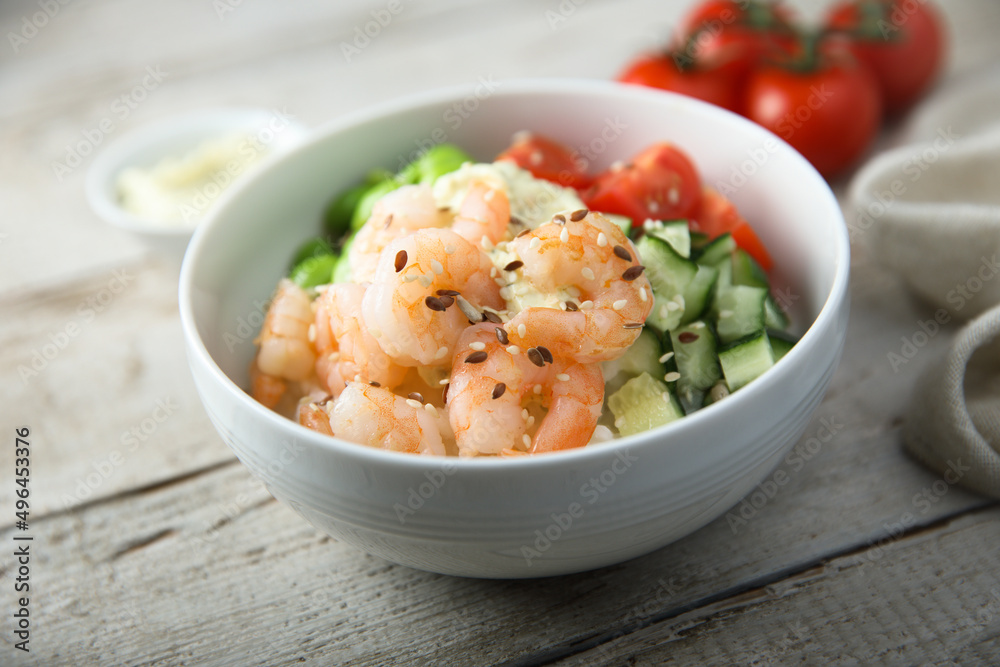 Homemade rice bowl with shrimps and vegetables Homemade rice bowl with shrimps and vegetables