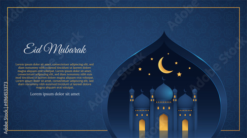 Horizontal gradient Ramadan and Eid al-Fitr greeting card template with realistic mosque, moon and shining stars illustration Vector