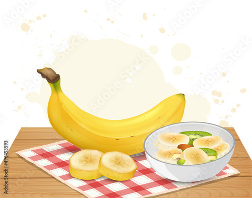 Fresh Yellow banana fruit vector illustration with a bowl of banana slices on wooden chopping board