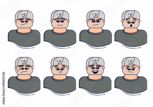 Old man facial expressions. Cute man with various emotions vector flat illustration.