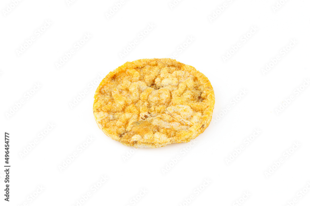 Single rice corn chip isolated on white background. Healthy dietetic food