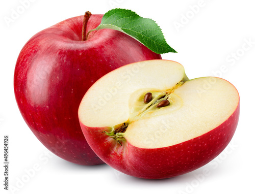 Red apple with a half isolated. Apples with green leaf on white background. Red appl with clipping path. Full depth of field.