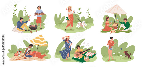 People have a picnic in different ways. Vector drawing with a summer vacation in nature. People walk, play with the dog, fry sausages, eat and have fun