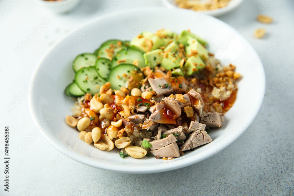 Rice bowl with duck and avocado