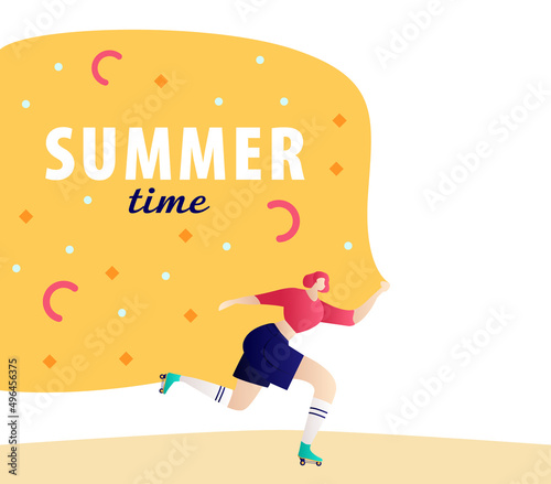 Roller girl walking illustration vector. Girl power concept poster. Summer time
