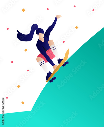 Girl riding a skateboard downhill illustration vector. Girl power concept poster. Summer time