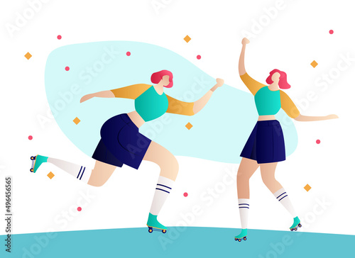 Roller girls dancing and girl rollerblading illustration vector. Girl power concept poster. Summer time