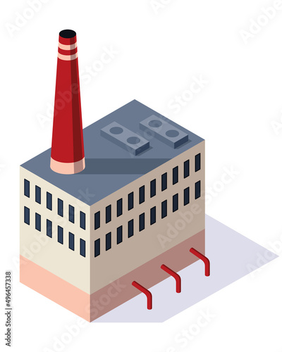 Isometric factory. Concept of industrial plant with chimney tower or pipes. Industrial bulding. 3d isolated icon. Architecture of manufacture house