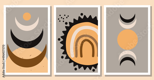 Set of minimalist abstract boho posters. Trendy wall art collection. Flat vector illustration for apparel print, card, cover, art gallery invitation design etc