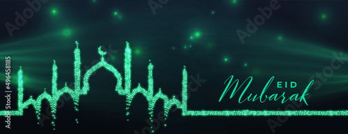 sparkling green eid mubarak banner with mosque design