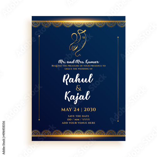 golden indian wedding card design with event details space