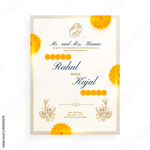 marigold flower indian wedding card design