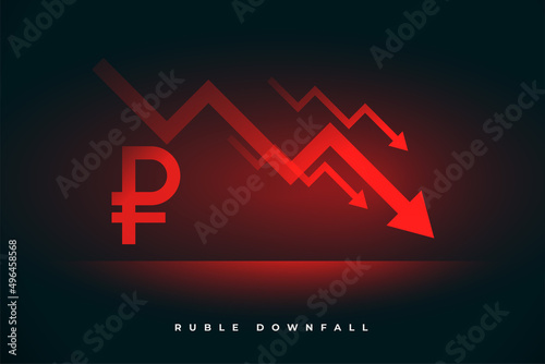 ruble collapse of russian currency with downfall arrow in red