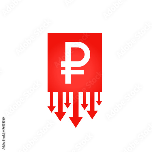 ruble downfall concept with downward arrow