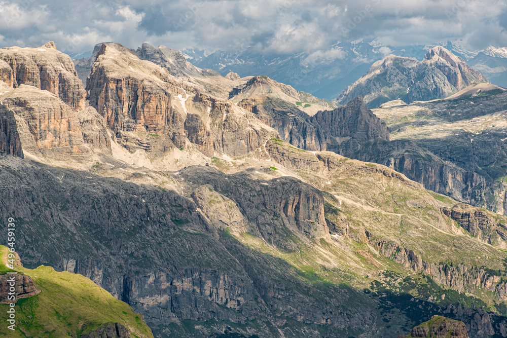 Impressive mountain massif ( Sas dla Crusc) in the Fanes Group. Dolomites, Italy.