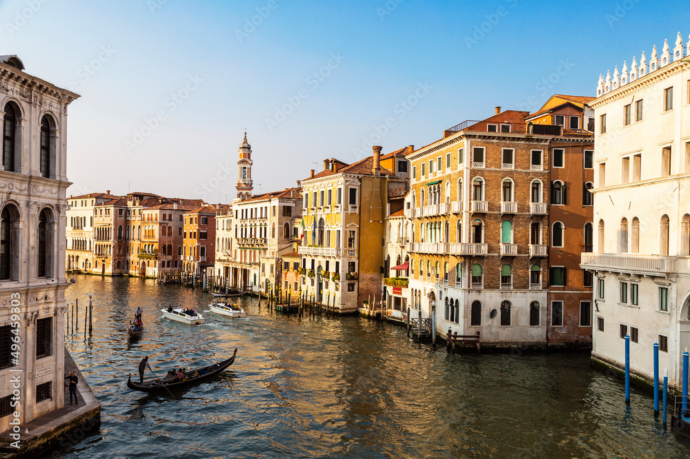 Top view of Venice with the Grand Canal and buildings on its banks on a sunny summer day. Italy