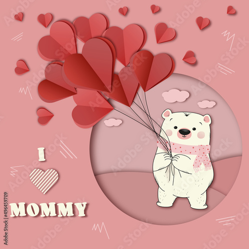 Mother's day pink postcard from daughter  with a bear and hearts in paper cut-out style with I love mommy text