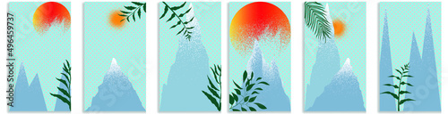Social media editable covers with grainy effects . Snowed mountain peaks in sunset .Grunge design . Contemporary style . Post frame stories templates. Layout for promotion .Media banner .Vector