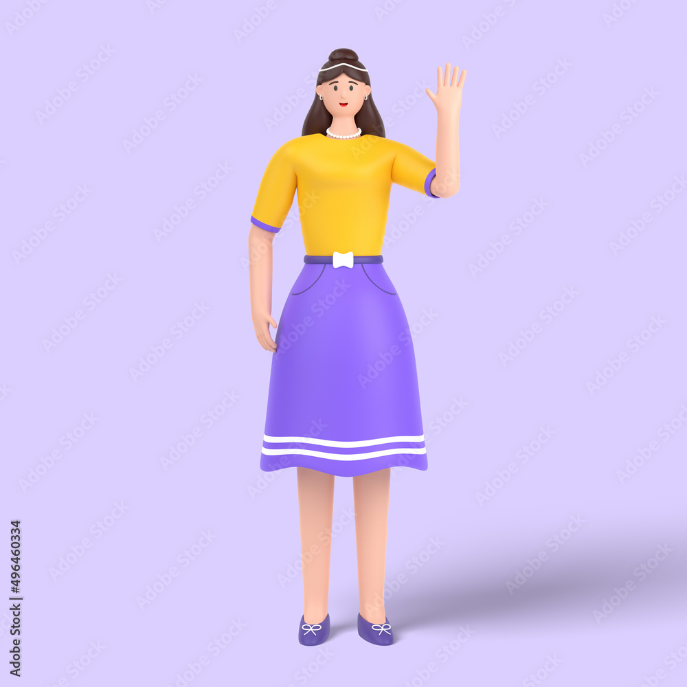 3d female character saying hello with waving hand 3d female character saying hello with waving hand
