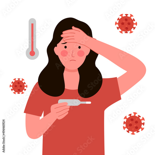 Sick woman suffering from flu or cold. She has fever symptom. Influenza disease concept.