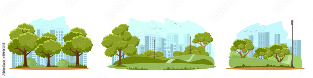 Summer landscape with city park or garden set, nature scenery with green trees and shrub