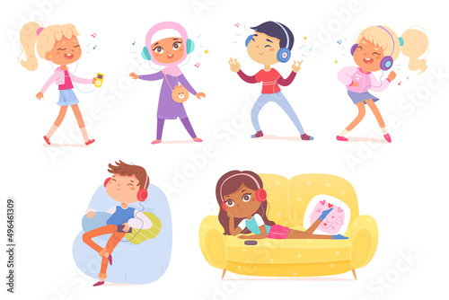 Kids listen and enjoy music with headphones set, boys and girls with earphones dancing