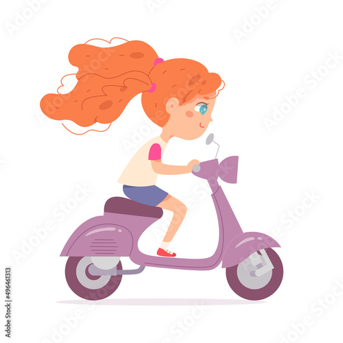 City scooter fun ride for pretty girl, funny cute kid riding motorcycle on street road