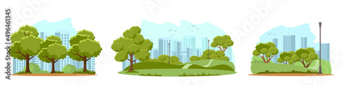 Summer landscape with city park or garden set, nature scenery with green trees and shrub
