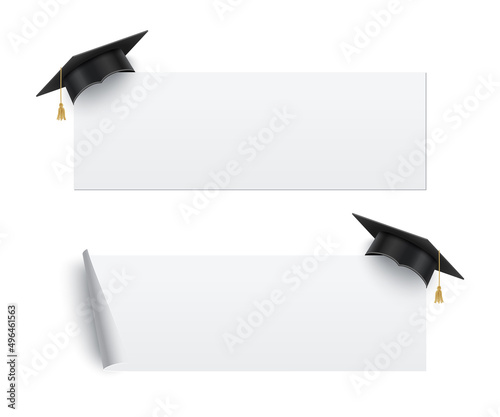 Graduate cap with blank banner set. Academy degree graduation hat with white board or sticker vector illustration. Academic education and achievement symbol and award icon