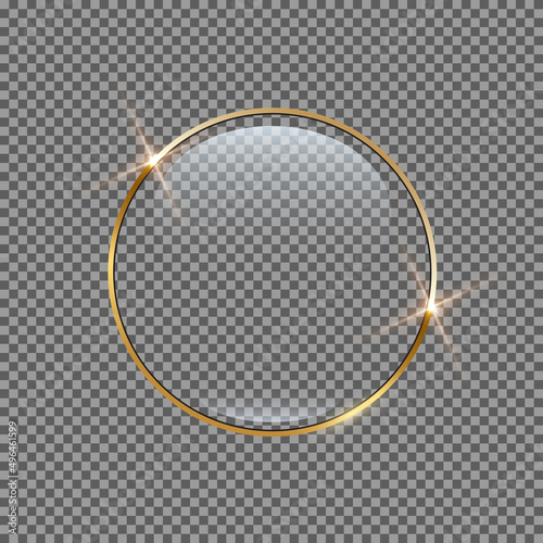 3d button of round shape with gold shiny circle frame and glass clear surface panel