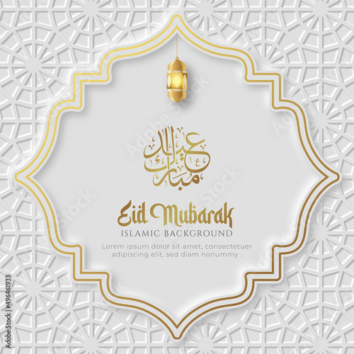 Eid Mubarak Greeting Card arabic islamic white and golden luxury ornament background