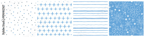 Light blue and white floral seamless pattern set with coordinating minimal designs in farmhouse style. Rural bedding textile vector design with flowers and lines.