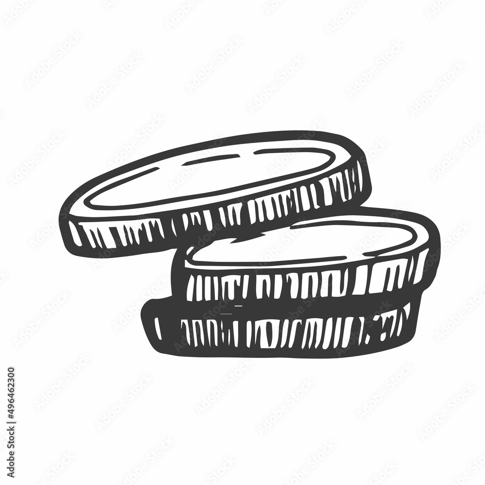 Doodle style stacks of coins and currency illustration in vector format suitable for web, print, or advertising use.