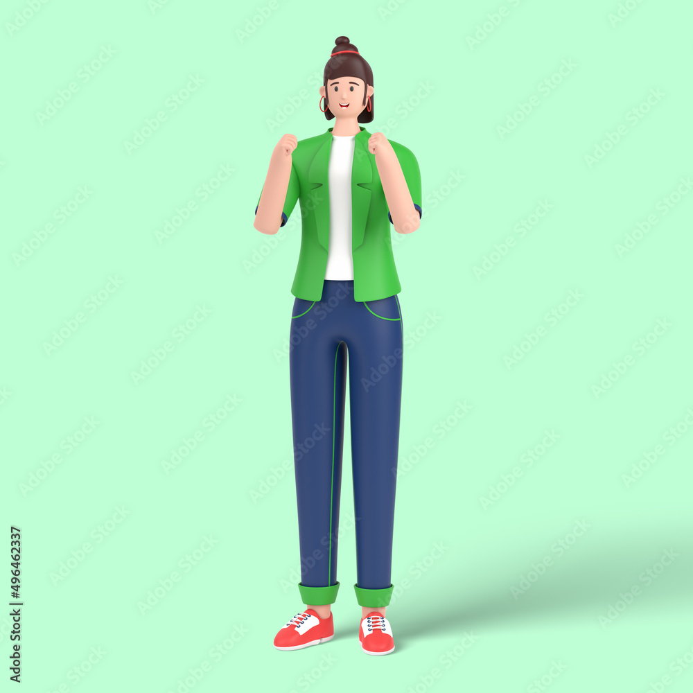 3d female character Winning gesture, expressing positive emotion. Successful smiling, showing strength with fists 3d female character Winning gesture, expressing positive emotion. Successful smiling, showing strength with fists