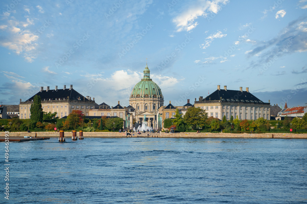 View of the Marble Frederiks Church in Amalienborg Palace on the banks of the canal. Copenhagen, Denmark