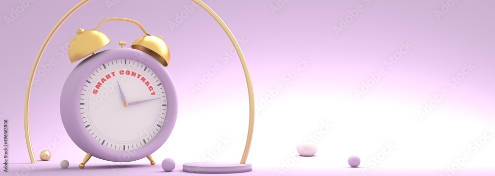 Naklejka premium Cryptocurrency concept. Alarm clock with smart contract text. 3D render