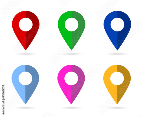 Simple Vector Set 6 Map Pointer with soft shadow, Flat Color isolated on white