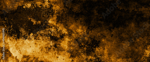 Abstract grunge textured dark gold and orange color abandoned old concrete wall surface background distressed vintage grunge in faded gold spotlight design, abstract textured design from dark to light
