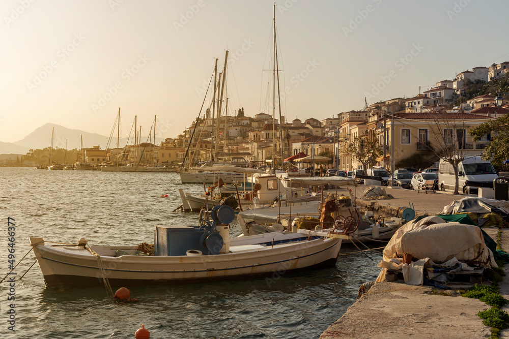 View of the embankment and yachts of the island of Paros (Greece) in a spring evening
